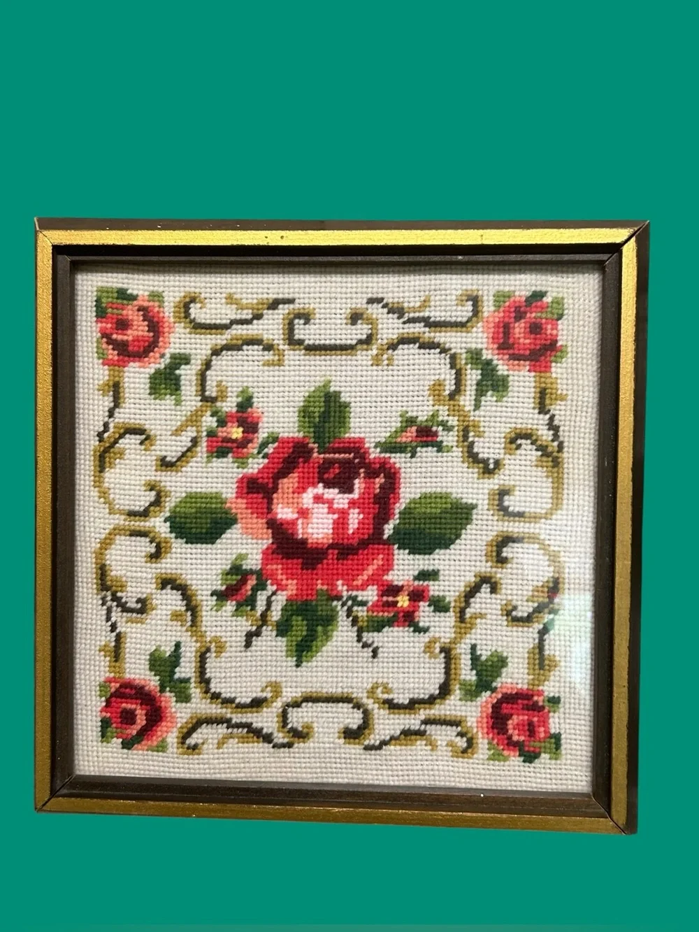 Vintage Petit Point Scrolling Roses Picture - Picture 1 of 3